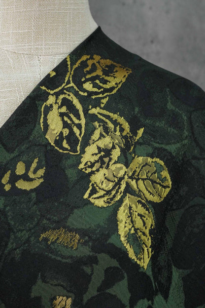 Green Jacquard Woven Fabric: 3D Gold Thread Embossed Texture, 61"W - Upholstery & Costume