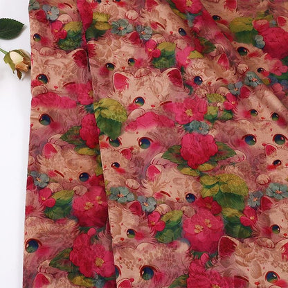 Cartoon Kitten Peony Print on Red Cloud Gauze Fabric ��� Fun & Playful Desi"Wide