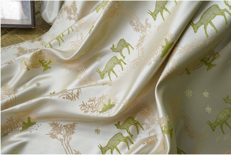 Green Deer Faux Silk Brocade Fabric: 59" Wide, By The Meter