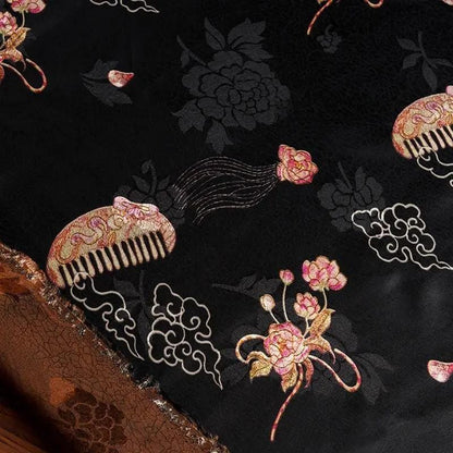 Lotus Tea Silk Satin Fabric: Japanese Pattern Upholstery, Costume, Decor (58"W)