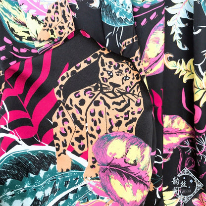 Leopard Print Satin Chiffon Fabric: Black Animal Print, 59" Wide
