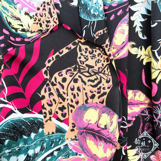 Leopard Print Satin Chiffon Fabric: Black Animal Print, 59" Wide