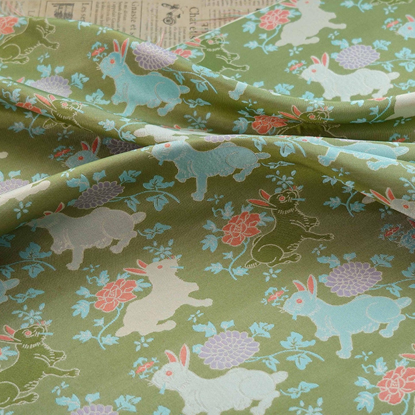 Bean Green Rabbit Brocade Fabric: 66"W Rayon Blend, Cheongsam Sewing