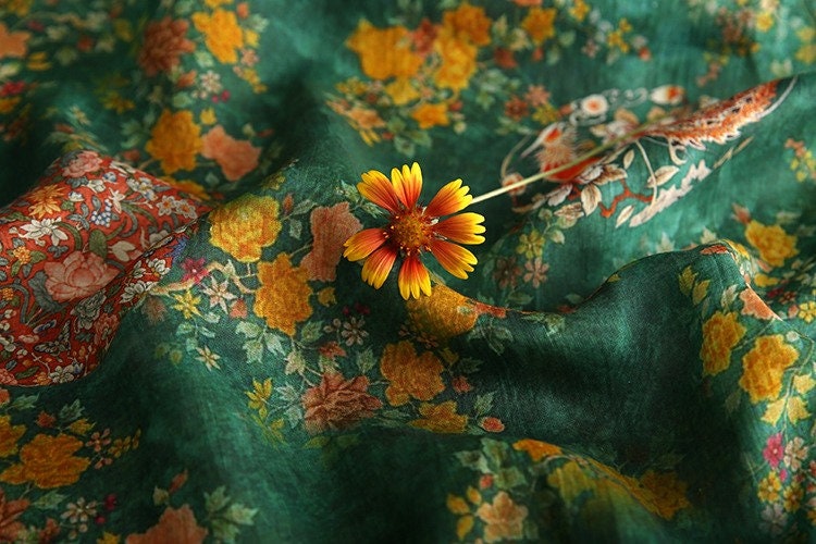 Jade Green Ramie Fabric: Floral Bird Print, 57" Wide
