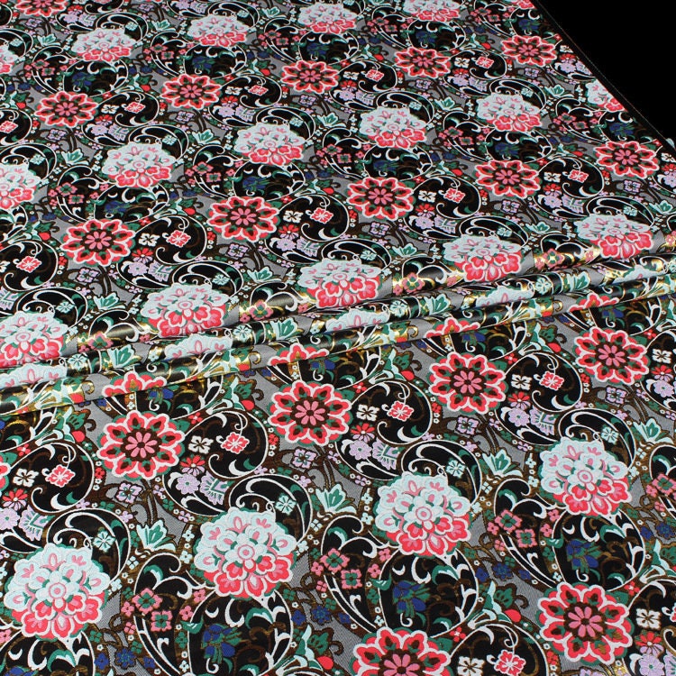 Gold Thread Kinran Fabric: Japanese Style Floral Upholstery, Costume, Decor - 29.5" Wide