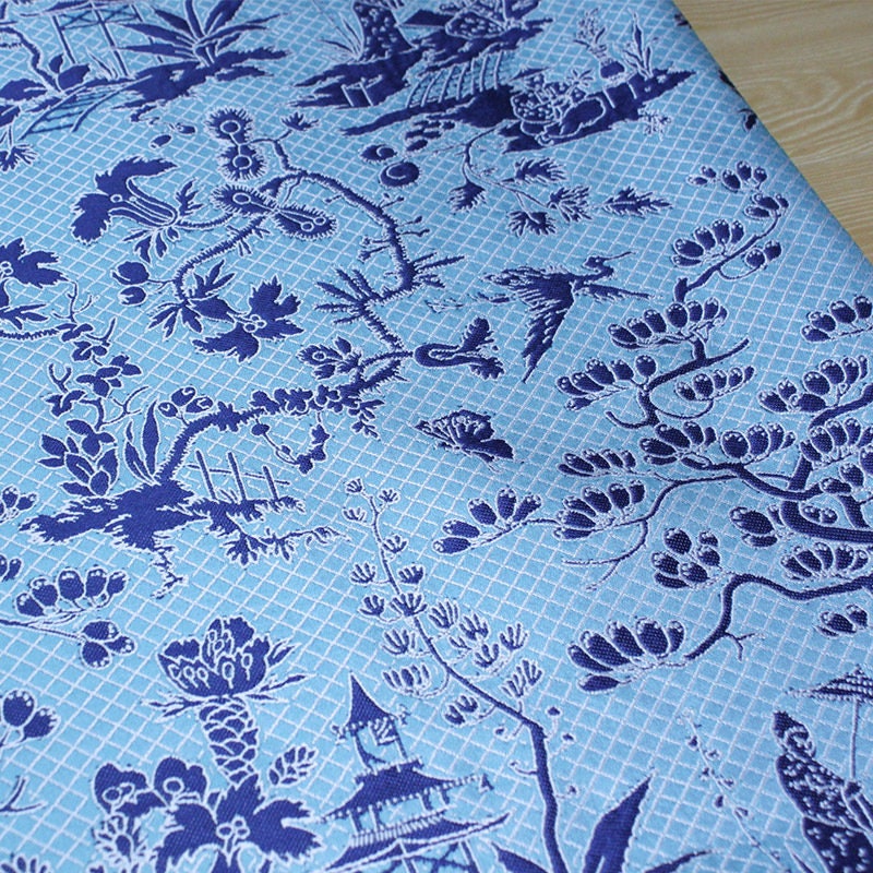 Reversible Jacquard Fabric: Ancient Painting Pattern, Blue Toile, 54"W - By The Yard