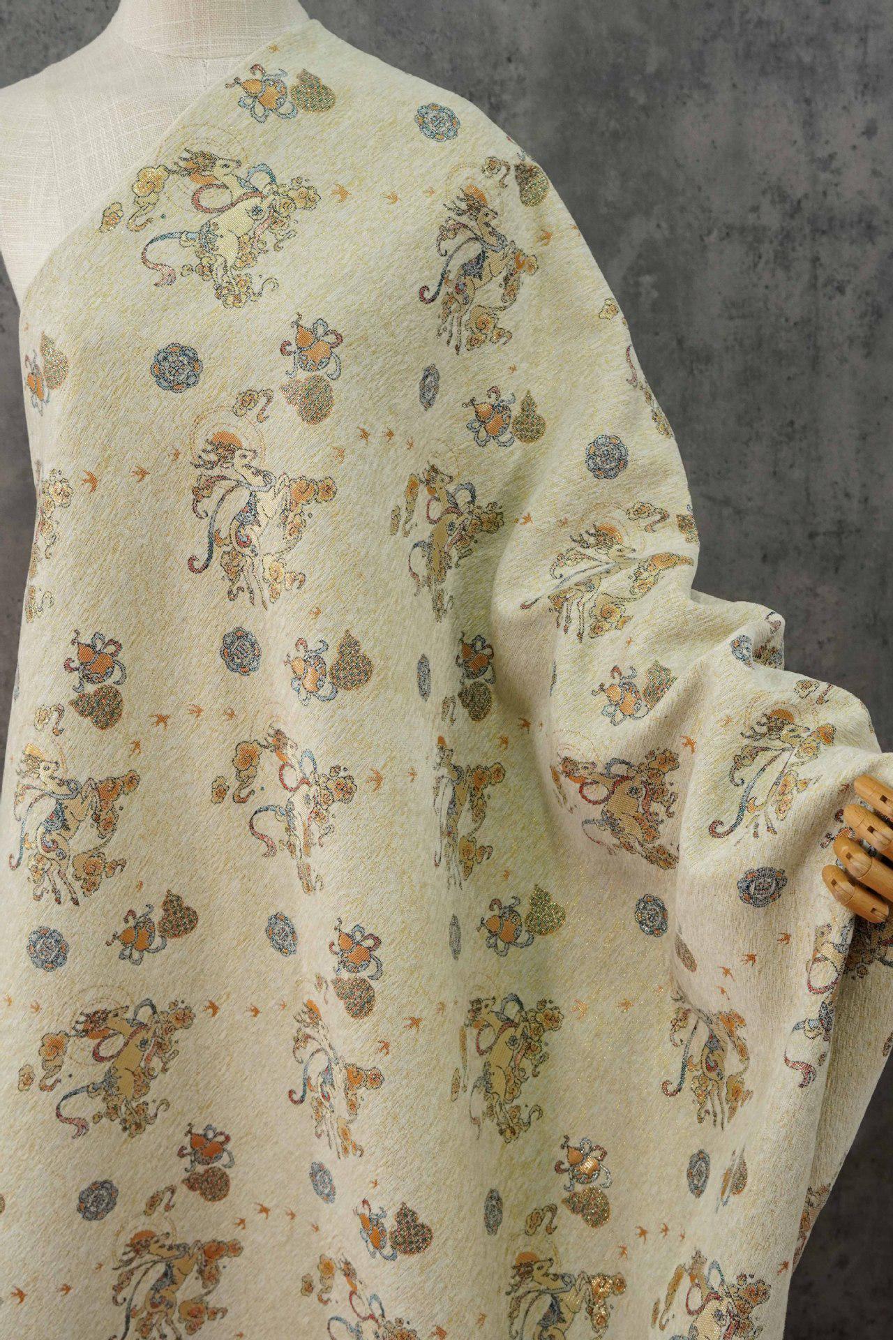 Chenille Deer Jacquard Fabric | Chinese Style Woven Upholstery, 55" Wide