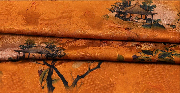 Tissu satin de soie thé : gaze cantonaise imprimée numériquement de 150 cm de large