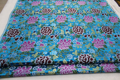 Sky Blue Silk Brocade Fabric: Peony Flower Design, 29"W