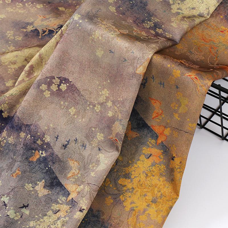 Tissu satiné de soie à motif papillon thé, imprimé ancien, 150 cm de large
