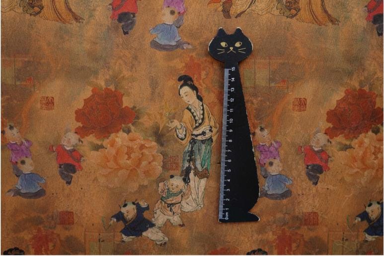 Ancient Family Tea Silk Satin Fabric: Digital Print, 59"W