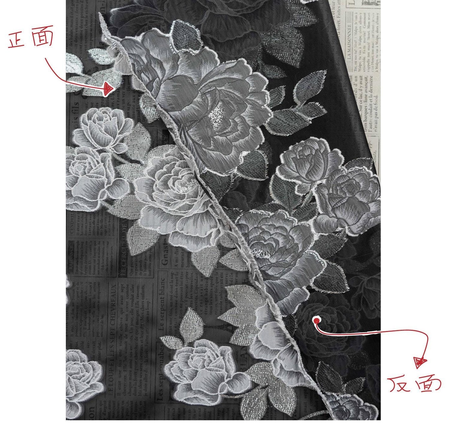 Black and white Peony Silver Thread Jacquard Semi-Sheer Fabric, 55"Wide