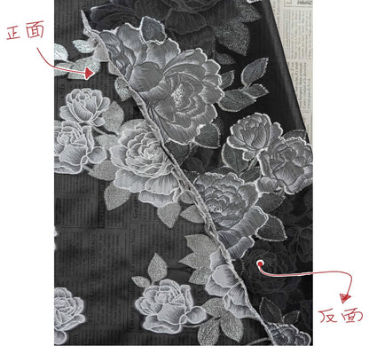 Black and white Peony Silver Thread Jacquard Semi-Sheer Fabric, 55"Wide