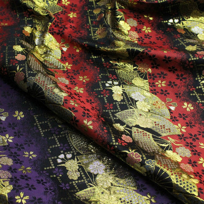 Nishijin Floral Jacquard Brocade Fabric: Black & Purple Silk Rayon Blend
