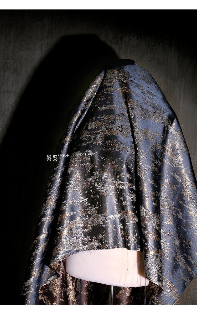 Gilt Jacquard Fabric: Gray Blue Embossed Silk Texture, 59"W