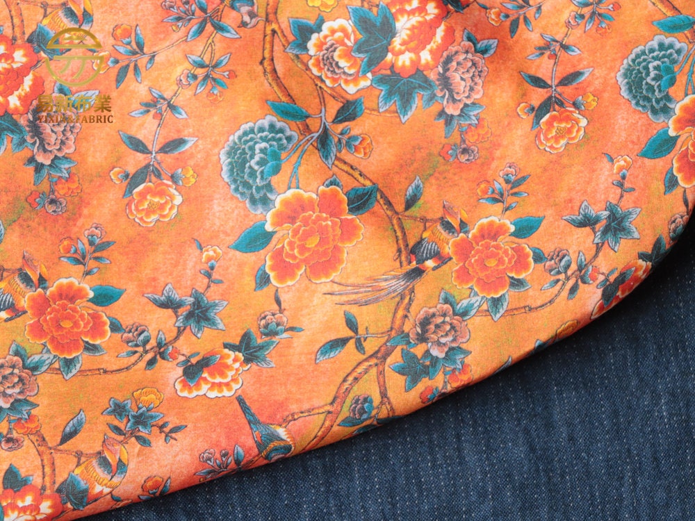 Floral Ramie Fabric: Dunhuang Style Print, 57" Wide