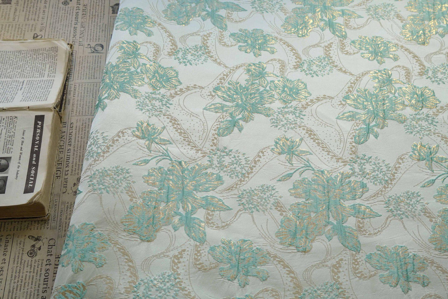 Metallic Brocade Fabric: 58"W Damask Jacquard with Gold Thread