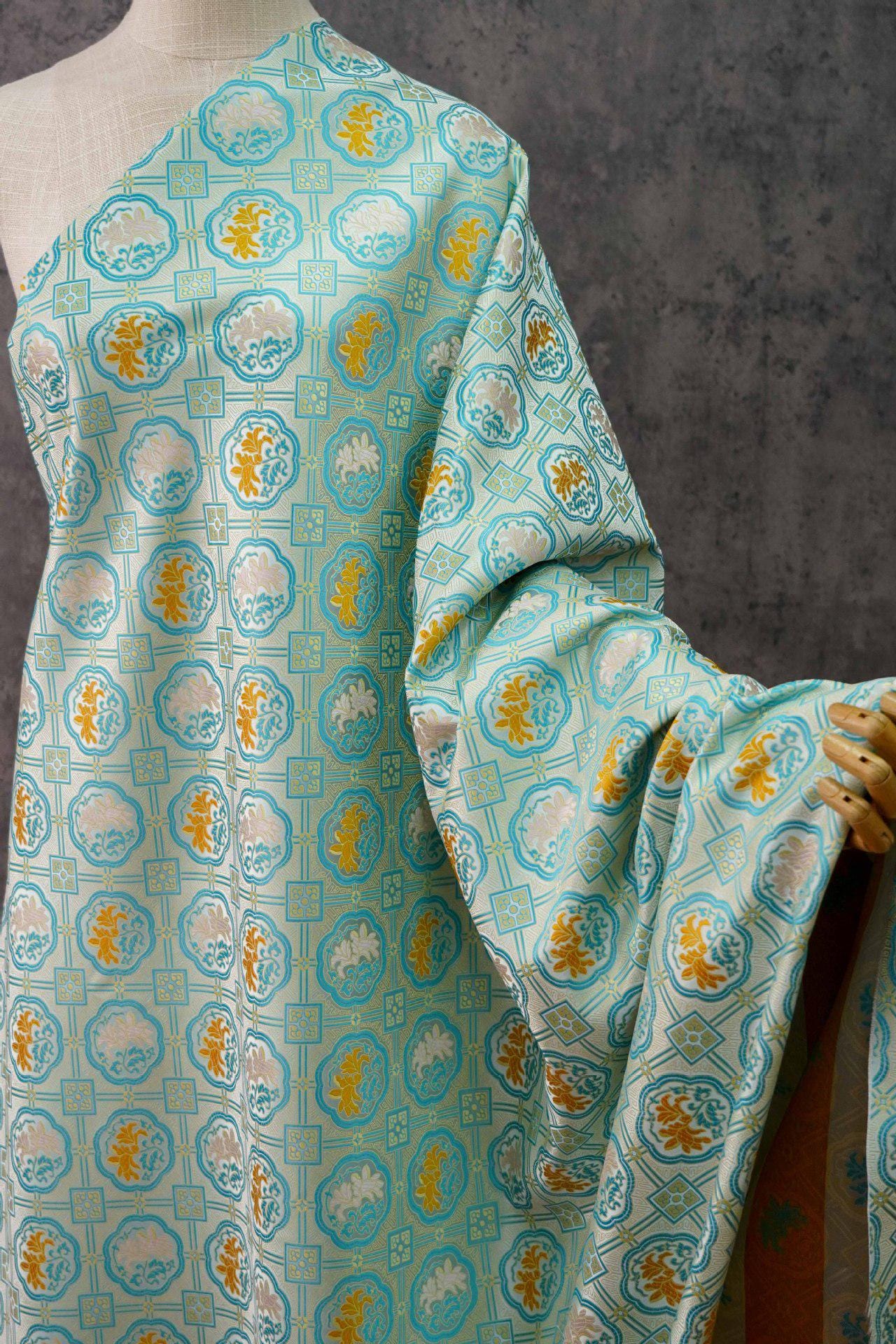 Magnolia Brocade Fabric: Bean Green Chinese Rayon Blend, 64"W