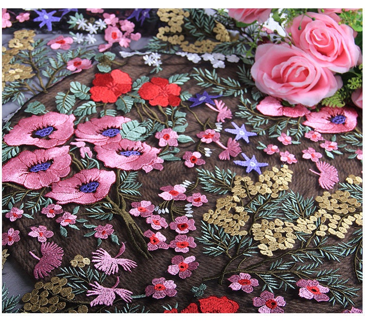 Floral Embroidered Lace Fabric: Pink, Red, Gold Flowers on Black Net (43"W)
