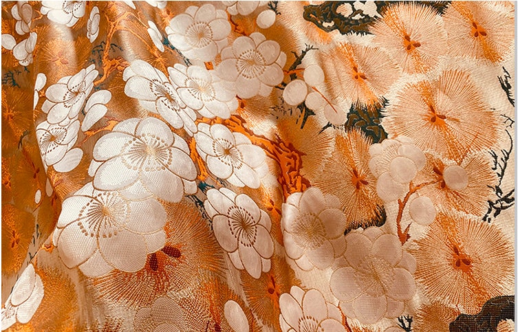 Japanese Nishijin Silk Brocade Fabric: Orange Frangipani Damask (29.5"W)