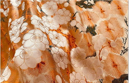 Japanese Nishijin Silk Brocade Fabric: Orange Frangipani Damask (29.5"W)