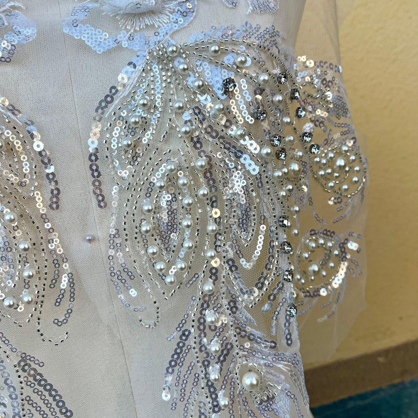 Embroidered Lace Trim: Light Ivory Bridal Wedding Veil with Sequins