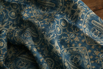 Blue Dunhuang Buddha Flower Ramie Fabric: 57"W Upholstery & Sewing