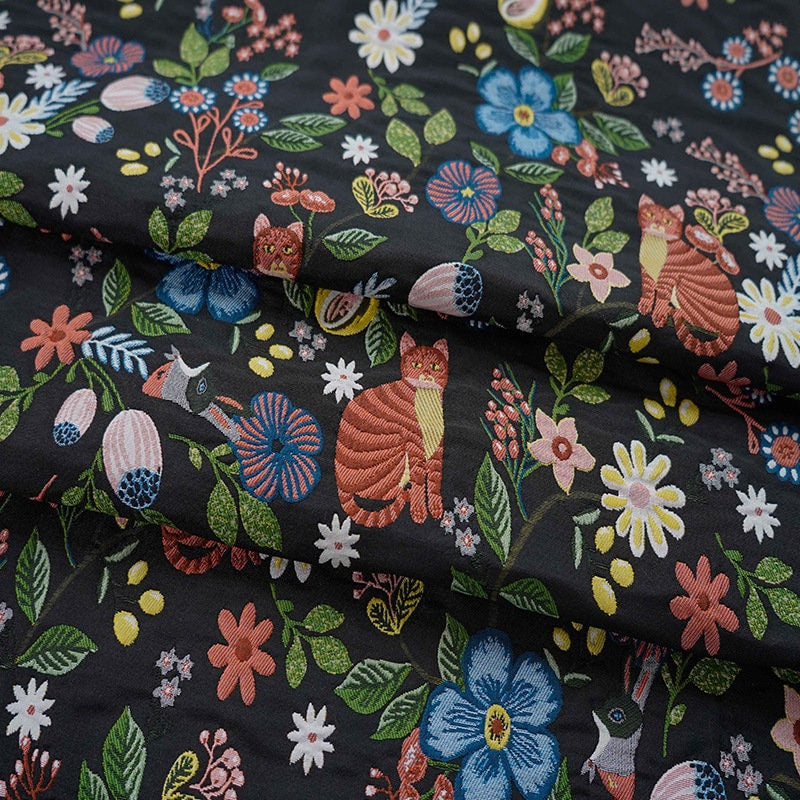 Black Cat Jacquard Fabric: Floral Upholstery, Costume, Decor (58"W)