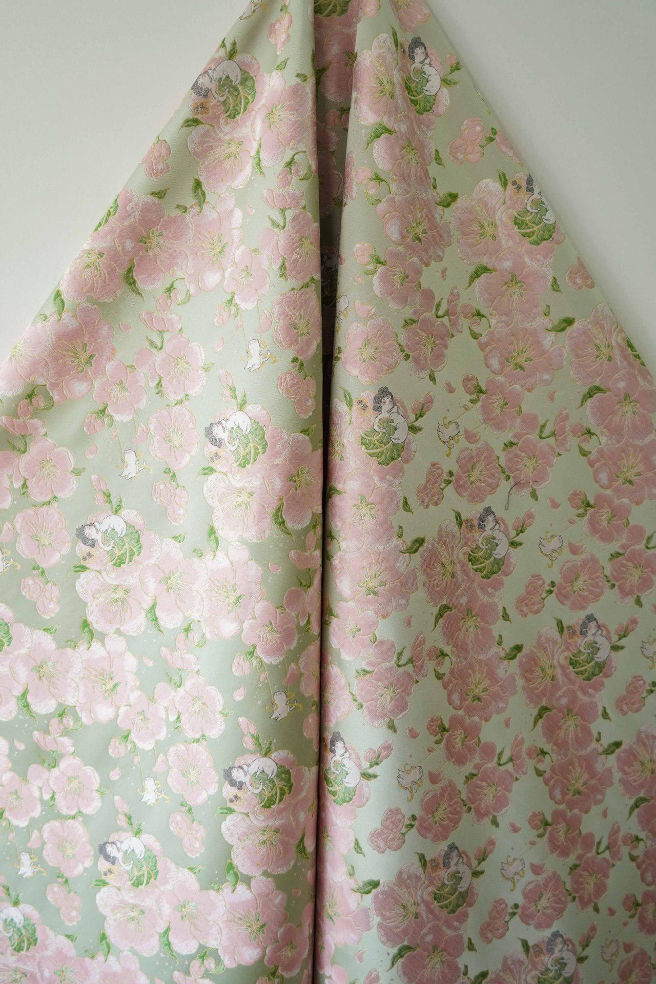 Peach Blossom Brocade Fabric: Floral Jacquard, 58"W Chinese Wedding Material