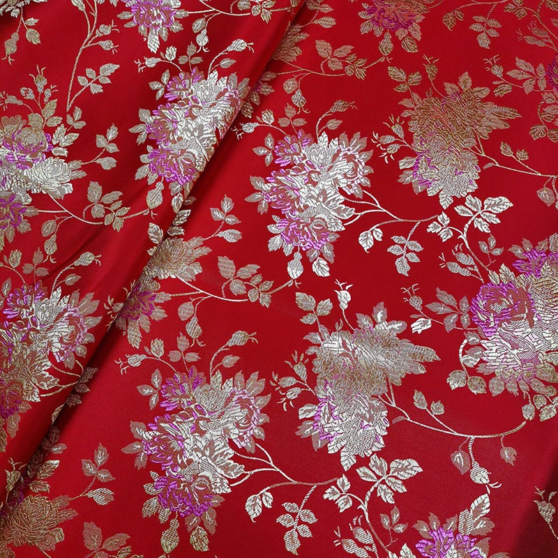 Floral Rose Brocade Fabric: Shiny Rayon Chinese Silk (By 1 Meter)