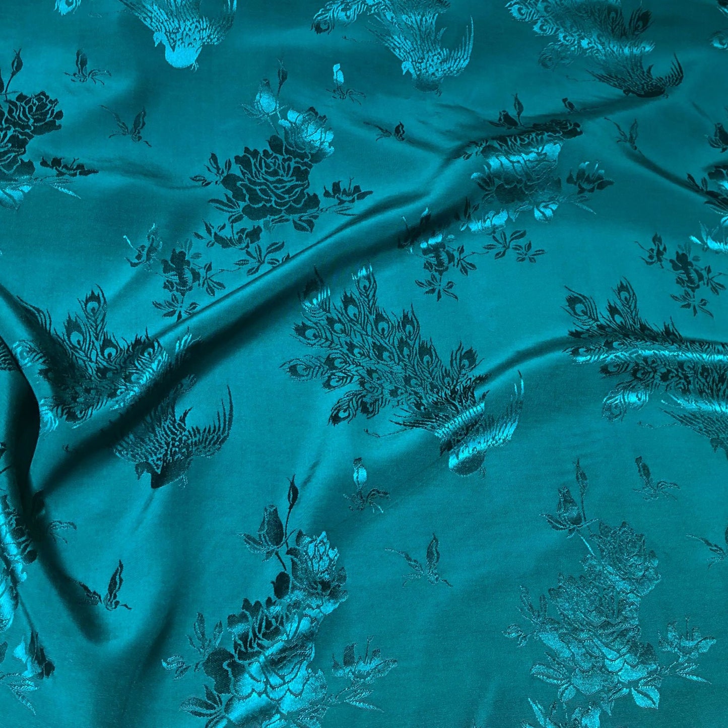 Tissu damassé satiné jacquard à motif pivoine et paon, rayonne double face, largeur 150 cm, vendu au mètre