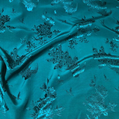 Tissu damassé satiné jacquard à motif pivoine et paon, rayonne double face, largeur 150 cm, vendu au mètre