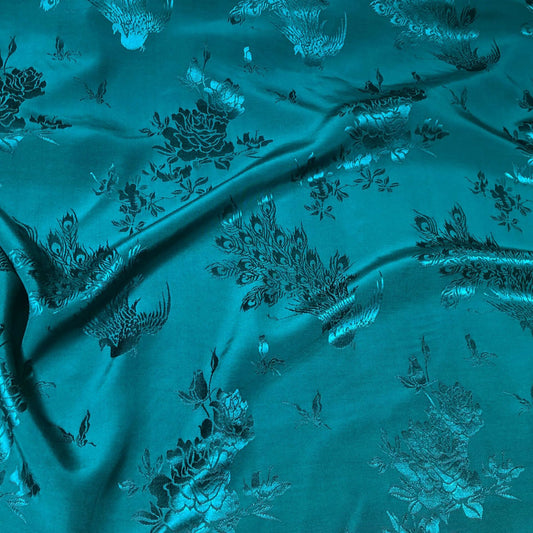 Peony Peacock Jacquard Satin Damask Fabric, Two-Sided Rayon, 59" Wide, By The Meter