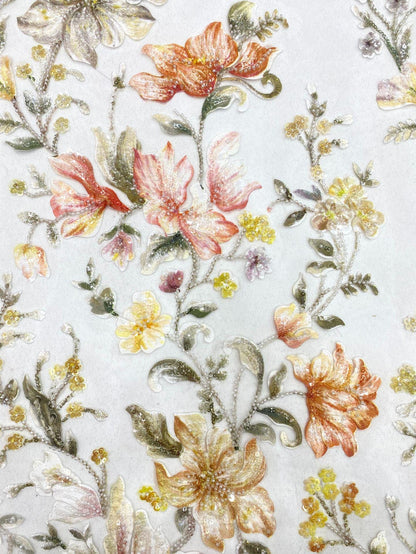 Embroidered Floral Fabric, Beads & Sequins, Cheongsam Dress Material