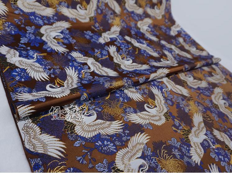 Crane Jacquard Satin Fabric: Japanese Brocade, Silver Grey, 29.5"W