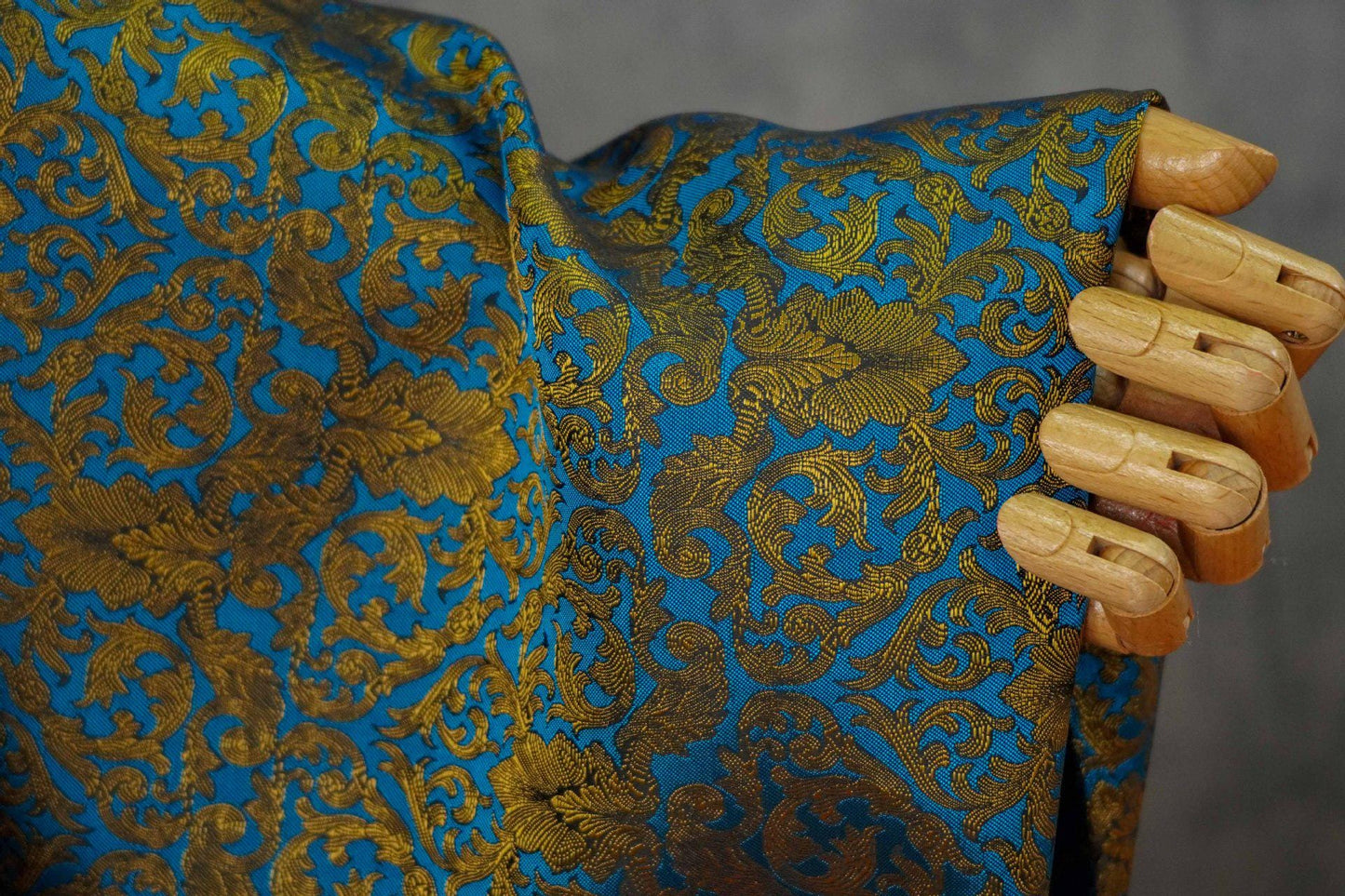 Blue & Gold Floral Jacquard Fabric: European Palace Style, 59" Wide