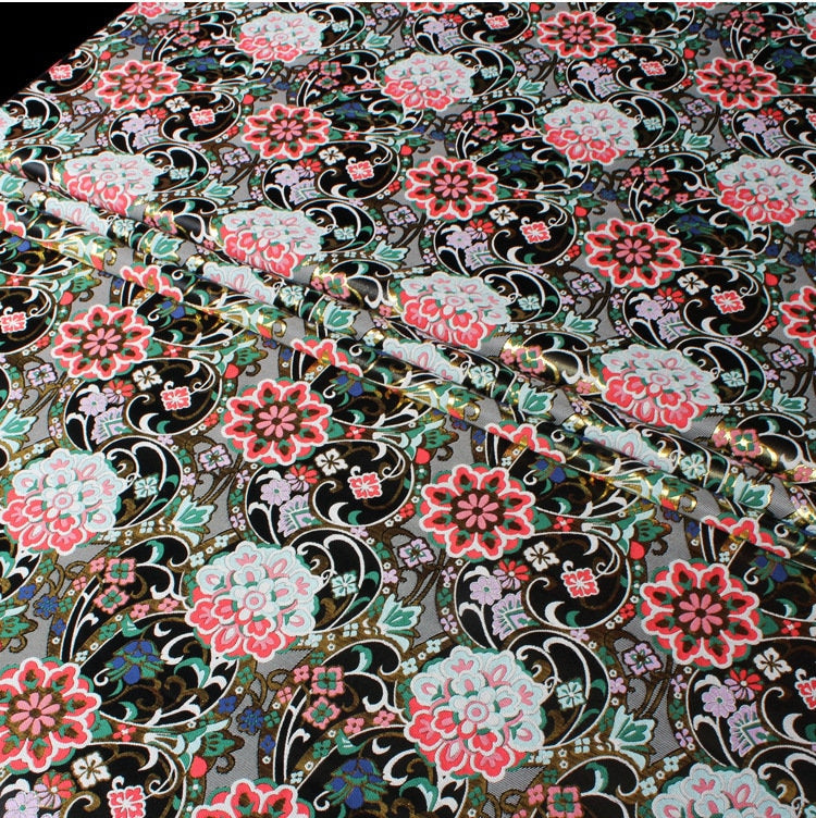 Gold Thread Kinran Fabric: Japanese Style Floral Upholstery, Costume, Decor - 29.5" Wide