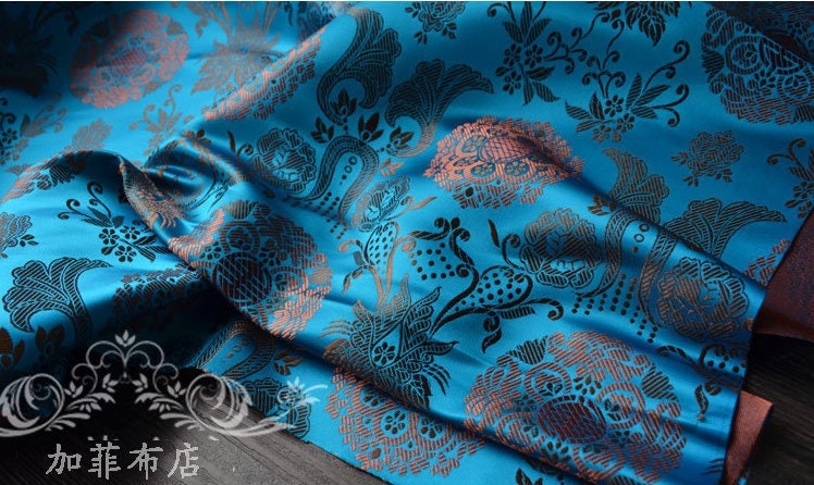 Floral Brocade Fabric: Chinese Fu Shou Style, 35" Wide, Costume Sewing