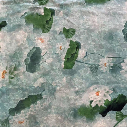 Tissu en soie à motif lotus et encre - 150 cm de large, texture satinée