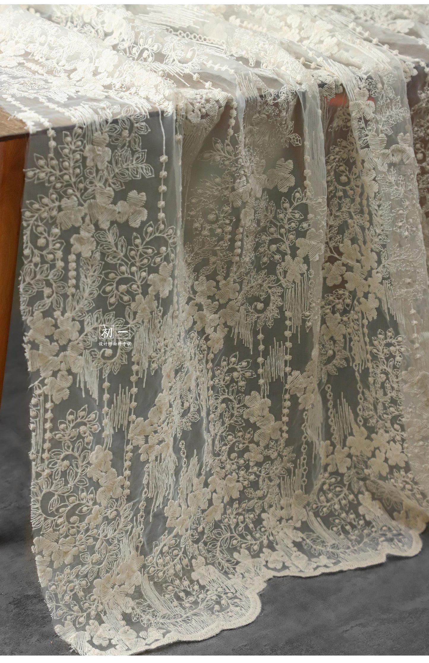 Embroidered Morning Glory Mesh Fabric ��� Apricot Bridal Ve"W