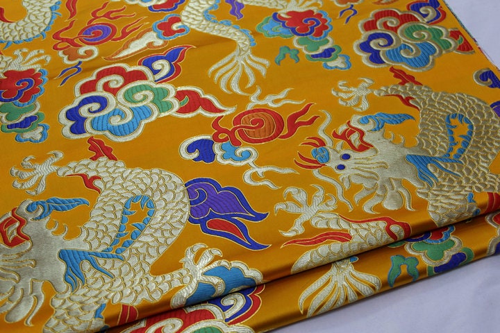 Red Dragon Brocade Fabric: Chinese Wedding Cheongsam Tapestry (27.5"W)