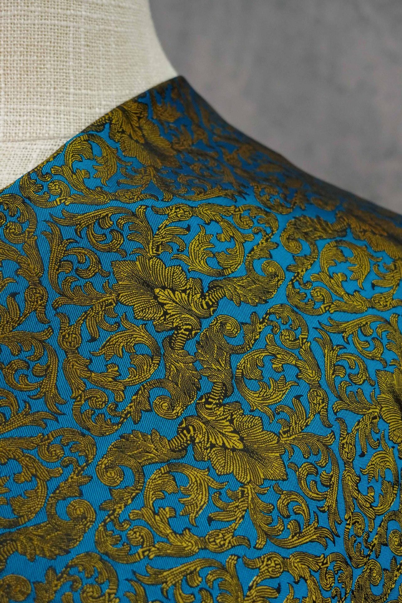 Blue & Gold Floral Jacquard Fabric: European Palace Style, 59" Wide