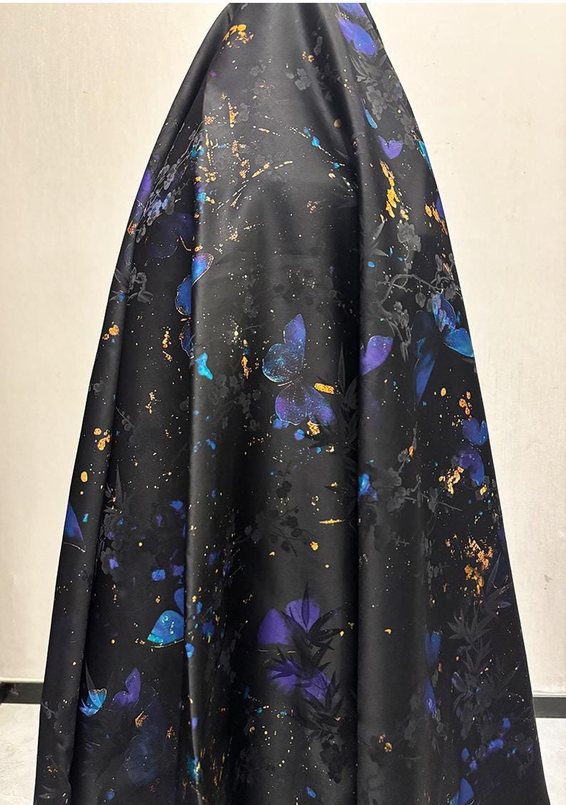 Teal & Black Floral Mulberry Silk Fabric: 55"W Digital Print