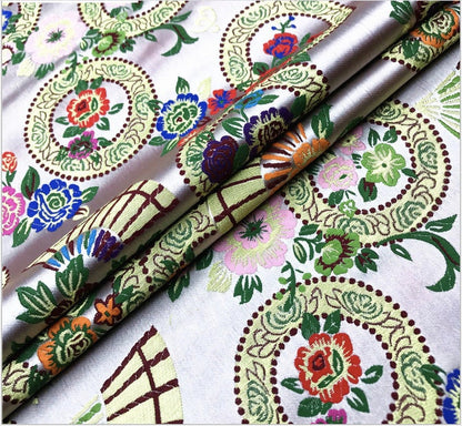 Nishijin Brocade Fabric: Japanese-Style Floral & Snow Wheel Fan, Gold Upholstery Sewing Fabric by Meter