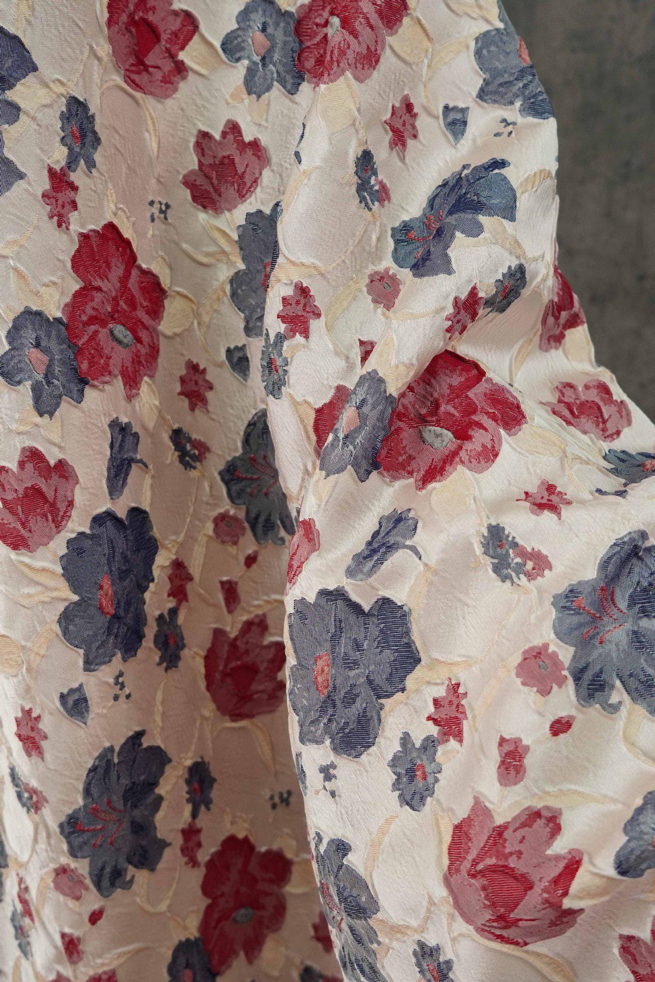 Reversible Jacquard Woven Fabric: Blue Red Embossed Flower, 60" Wide
