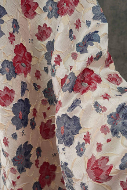 Reversible Jacquard Woven Fabric: Blue Red Embossed Flower, 60" Wide