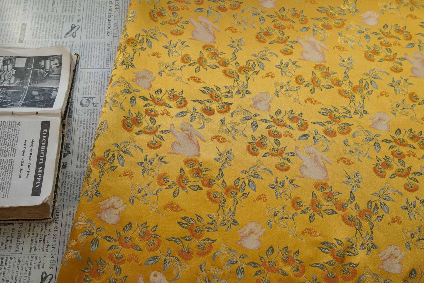 Floral Rabbit Brocade Fabric, Yellow Chinese Jacquard, 58" Wide