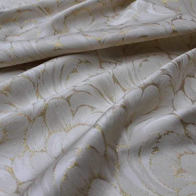 Off White Jacquard Fabric: 3D Gold Flower Design, 55" Wide