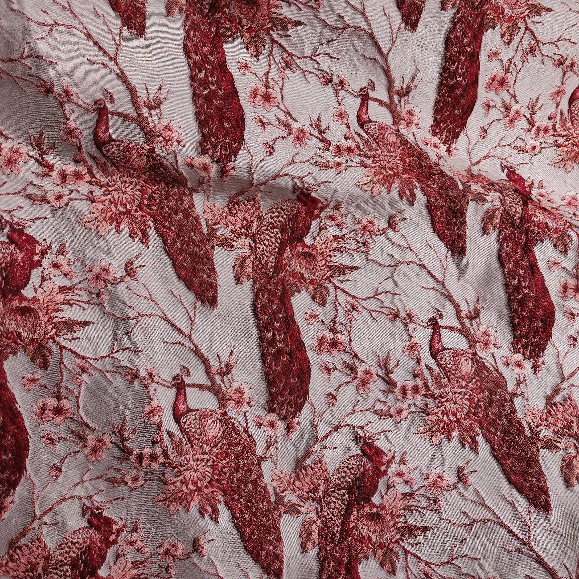 Red Peacock Jacquard Fabric: Embossed Woven Upholstery, Costume, Decor - 56"W