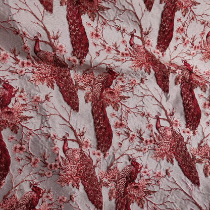 Red Peacock Jacquard Fabric: Embossed Woven Upholstery, Costume, Decor - 56"W